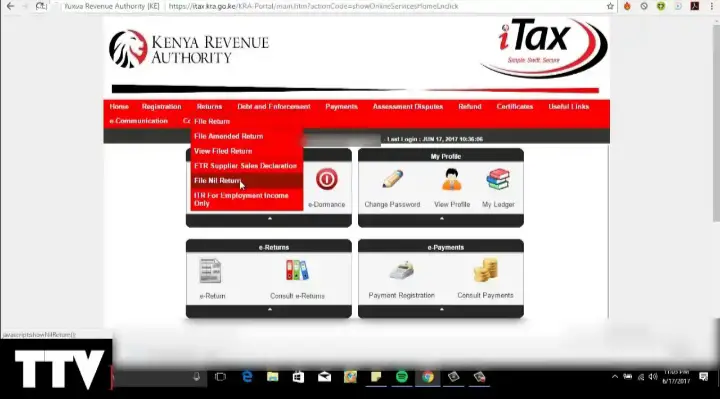 How to file kra nill returns. Image showing where to select the nill returns menu.