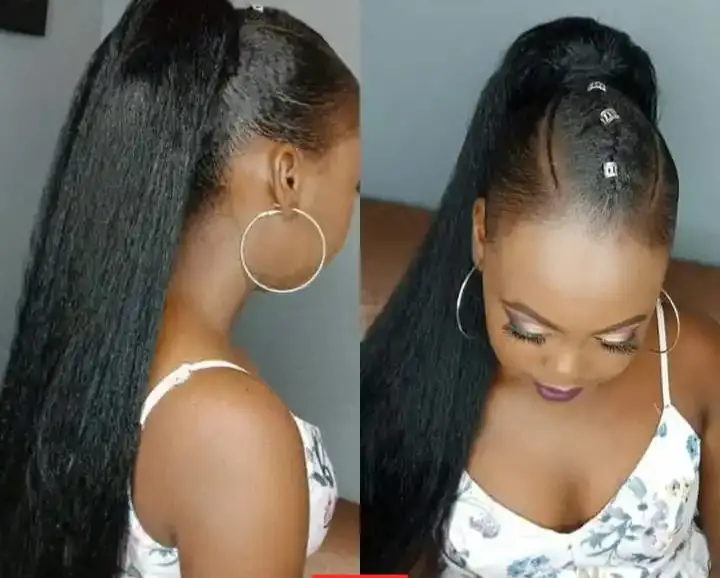 Kinky straight hairstyle with ponytail.