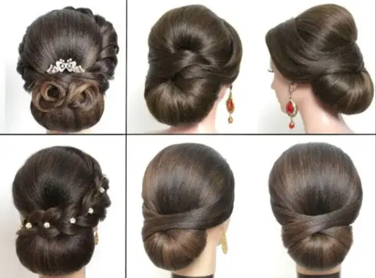 12 best hairstyles ideas for ladies in USA. Image showing different types of low bun hairstyle.
