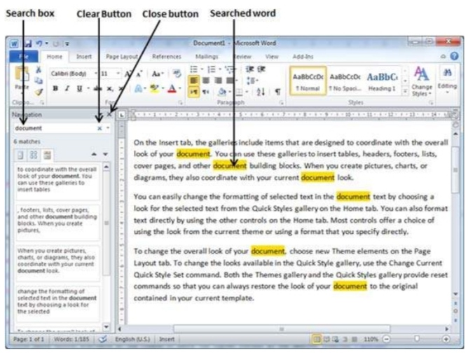How to find and replace text in word, Search box.