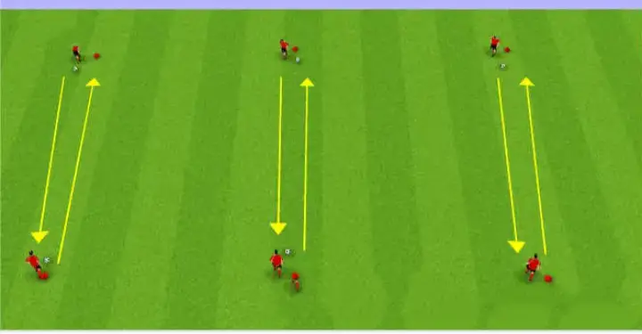 Top 10 football exercises to improve on dribbling. Image showing straight line dribbling.